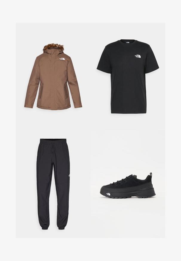 Giacca isolata marrone con cappuccio in pelliccia sintetica removibile, chiusura con zip, tasche laterali doppie e logo bianco sul lato sinistro del petto.; T-shirt nera in cotone con maniche corte, colletto a giro, e un piccolo logo bianco sul lato sinistro del petto. Design semplice, texture liscia e vestibilità rilassata.; Pantaloni sportivi neri realizzati in tessuto leggero, con vita regolabile con cordino, tasche laterali e orli affusolati alle caviglie.; Sneaker da esterno nera con parte superiore in suede, suola in gomma testurizzata e robusto sistema di allacciatura. Presenta un tallone rinforzato e il logo del marchio sul lato.