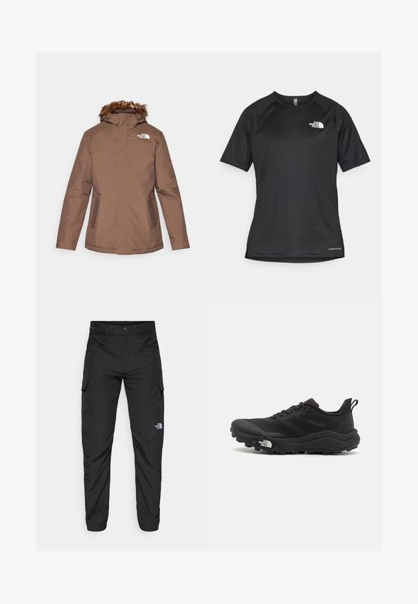 Brūna izolēta jaka ar noņemamu mākslīgās ādas kapuci, ar rāvējslēdzēju priekšā, divām sānu kabatām un balto logo kreisajā krūtīs.; Melna sporta krekla īsām piedurknēm ar strukturētu audumu, kas ir ar baltu logotipu kreisajā krūtīs un taisnu apakšmalu.; The North Face HORIZON PANT - Āra bikses - black; Melnas taku skriešanas kurpes ar teksturētu virsu, gumijas zoli un pastiprinātu pirkstu daļu. Aprīkotas ar mīkstu apkakli un vilkšanas cilpu, lai viegli uzvilktu.