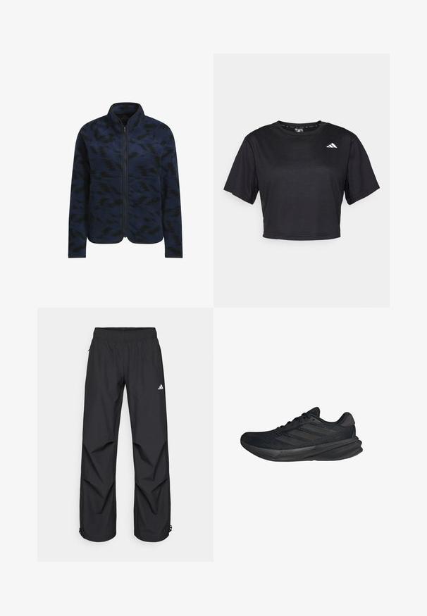 adidas Performance ULTIMATE365 PRINTED FLEECE - Giacca in pile - collegiate navy; T-shirt cropped nera in tessuto morbido. Caratterizzata da maniche corte, scollo rotondo e un piccolo logo bianco sul lato sinistro davanti.; Pantaloni neri, leggeri, impermeabili, con vita elasticizzata, tasche laterali e polsini regolabili. Presentano un logo bianco sulla coscia sinistra.; Scarpe sportive nere con tomaia in rete, forma aerodinamica, suola piatta e tre strisce diagonali sui lati. Design leggero per il massimo comfort.