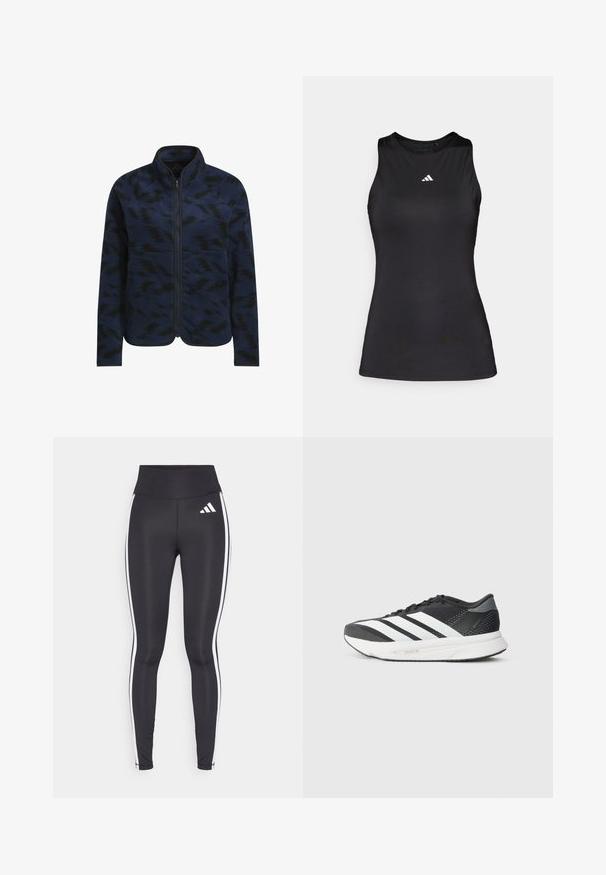 adidas Performance ULTIMATE365 PRINTED FLEECE - Fleece jacket - collegiate navy; Black sleeveless athletic top made of smooth fabric. Features a round neckline and a small white Adidas logo on the chest.; Black leggings with high waist, featuring white side stripes and a small white logo on the upper left thigh. Made from smooth, stretchy material.; Black athletic shoe with white stripes, mesh upper, cushioned sole, and a sleek design. Accents of gray on the heel and tongue.