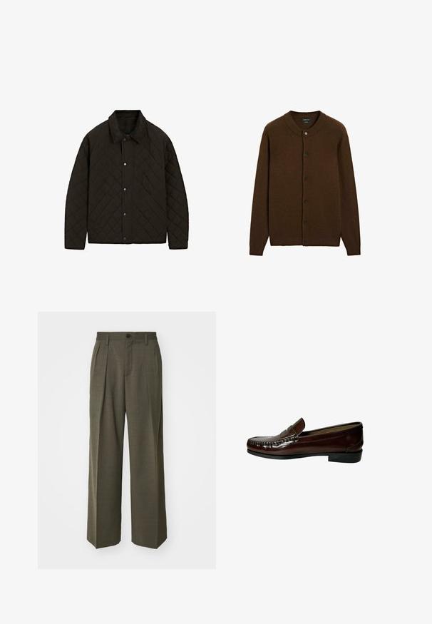 Quilted black jacket with a corduroy collar, snap buttons, and side pockets, featuring a structured design and textured fabric.; Brown wool button-up cardigan with ribbed collar, cuffs, and hem, featuring six black buttons down the front.; White tank top with a round neckline and wide straps. Made of a smooth, lightweight fabric, featuring a minimalist design without patterns.; Filippa K WIDE TROUSERS - Trousers - driftwood; Brown leather loafer with a rounded toe, slip-on design, textured stitching, and a low black rubber heel. Smooth, polished finish.