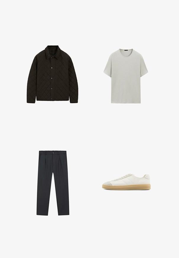 Kvalitní černá prošívaná bunda s kordovou límcem, patentkami a bočními kapsami, sází na strukturovaný design a texturovanou látku.; Světle šedé tričko s krátkým rukávem z jemné bavlny, s klasickým kulatým výstřihem a uvolněným střihem bez viditelných švů.; Černé kalhoty s rovnými nohavicemi z lehké látky, s knoflíkovým zapínáním, plisovaným předním dílem a bočními kapsami. Celkově hladký povrch.; Bílé semišové tenisky s hladkým povrchem, kulatou špičkou, šněrováním vpředu a hnědou gumovou podrážkou. Mají jemné postranní pruhy a akcenty na patě.