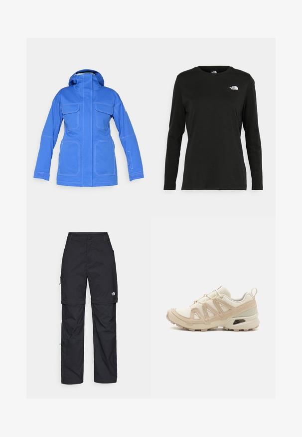 Casaco impermeável azul com um colarinho alto, dois grandes bolsos frontais e um bolso com fecho éclair na manga. Apresenta costuras brancas contrastantes.; T-shirt preto de mangas longas, feito de algodão, com decote redondo. Apresenta um pequeno logótipo branco na área esquerda do peito. Design simples e ajuste confortável.; Calças cargo pretas em nylon com fechos de correr removíveis, punhos ajustáveis, múltiplos bolsos e um logótipo na perna direita. Textura suave e leve.; Sapatilha atlética beige e creme com parte superior em malha texturizada, sobreposições de suporte e sola de borracha com um padrão de cravo para tração.