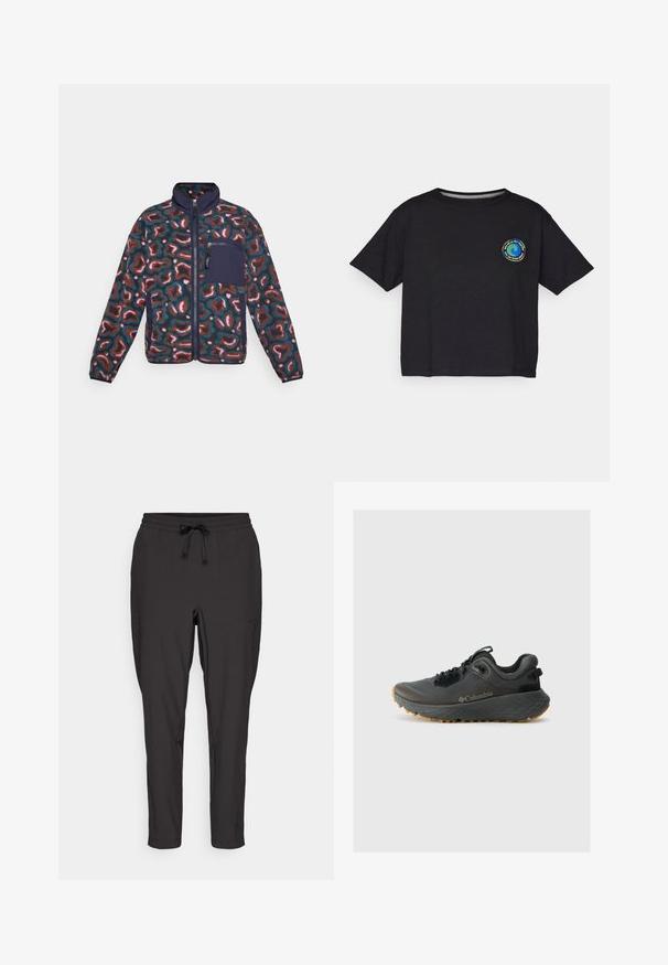 Fleecejakke med et multicolor abstrakt mønster. Har en høj krave, fuld lynlås og en marineblå lomme på venstre bryst.; Sort bomulds T-shirt med korte ærmer, der har et cirkulært, farverigt logo på brystet. Lige kant og afslappet pasform.; Sorte joggebukser med elastisk talje, snørredetalje og sidelommer. Fremstillet af et glat, let stof.; Columbia TERRASTRIDE CRZ - Hikingsko - shark/black