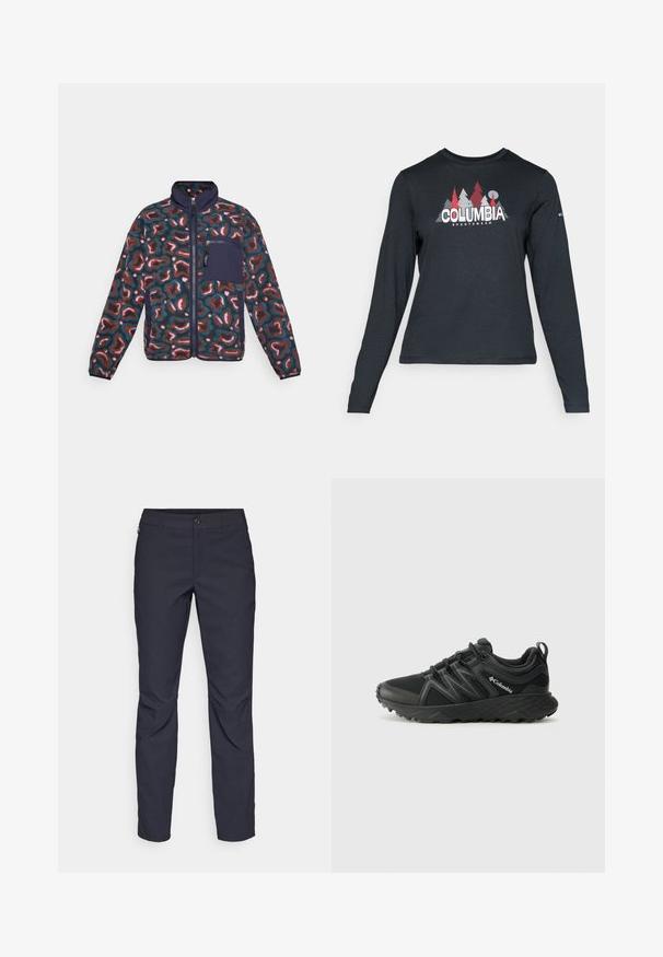 Giacca in pile con un motivo astratto multicolore. Caratterizzata da un collo alto, zip a tutta lunghezza e una tasca blu navy sul lato sinistro del petto.; Maglietta a maniche lunghe grigia scura con una grafica di alberi rossi e montagne; logo "COLUMBIA" in caratteri bianchi in grassetto. Tessuto morbido, scollatura a girocollo standard.; Pantaloni blu navy realizzati in tessuto liscio, con chiusura frontale a bottone, design slim-fit e pieghe decorative sulle ginocchia.; Columbia PEAKFREAK - Scarpa da hiking - black