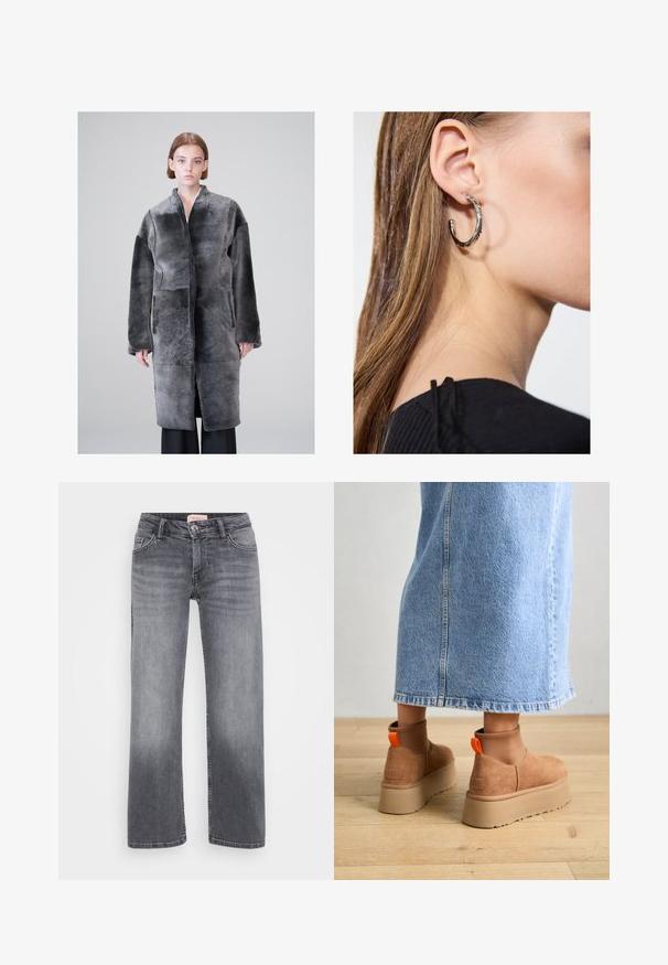 VSP JENNY - Cappotto invernale - black; Even&Odd Petite 2 PACK - Top - light grey/black; Jeans in denim grigio con design a gamba dritta, stile a cinque tasche, leggera sbiaditura e chiusura con bottone in vita.; Stivali platform in suede marrone con pannelli laterali elastici e linguette arancioni, abbinati a una gonna di jeans chiara, lunga fino al ginocchio, su un pavimento di legno.; Orecchino a cerchio in argento con finitura lucida, caratterizzato da piccoli dettagli in oro e una forma tondeggiante, indossato sul lobo.