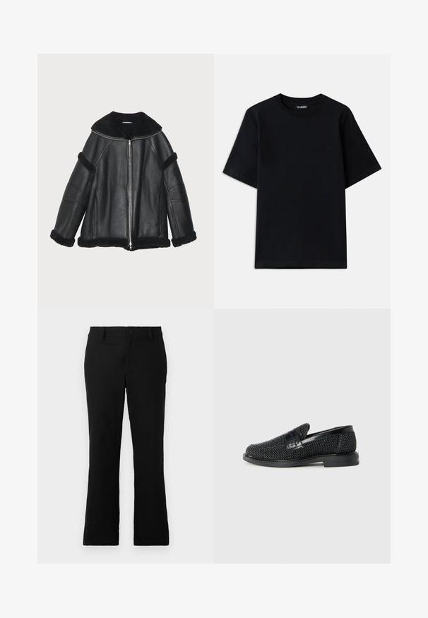 Zwarte leren jas met een ritssluiting aan de voorkant, brede kraag en schapenvachtaccenten op de manchetten en onderkant, met een ontspannen, boxy fit.; Zwart katoenen T-shirt met een ronde hals en korte mouwen. Bevat subtiele logo borduursels op de linkerborst. Vlakke, gladde textuur.; Zwarte uitlopende broek van een katoenmix, voorzien van een knoopsluiting, riemlussen en een gladde textuur zonder zichtbare patronen.; Zwartegeweven instap schoenen met een glad leren accent aan de bovenkant, een ronde neusontwerp en een laag profiel rubberen zool.