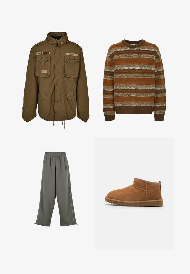 Alyvuogių žalia M65 striukė su stovinčiu apykakle, dviem krūtinės kišenėmis, reguliuojamu liemens raišteliu ir siuvinėtomis patekimo vietomis ant pečių.; Solid SDMAXWELL - Džemperis - slate black; Karl Kani KK OS SIDESTRIPE - Kelnės - grey; Šviesiai rudos nubuko aulinukai iki kulkšnies su apvaliu pirštu, subtiliomis siuvimo detalėmis ir tekstūruota guma padanga. Žemas aukštis be raištelių.