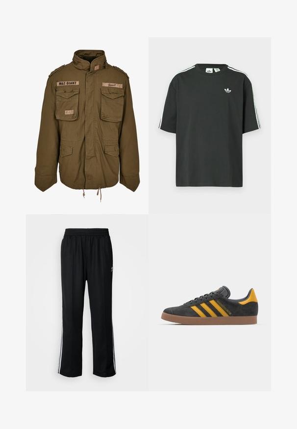 Oliven grønn M65-jakke med stå høy krage, to brystlommer, justerbar midje med snor og sydde lapper på skuldrene.; Svart t-skjorte i bomull med korte ermer, rund hals og hvite trestripesdetaljer på skuldrene. Har en liten hvit logo på brystet.; Sorte treningsbukser med elastisk midjebånd, med hvite sidestiper og en liten logo. Materialet ser mykt og lett ut.; Sort skinnesko i svart semsket skinn med gule detaljer, med tre striper og en brun gummisåle. Inkluderer en polstret tunge for komfort.