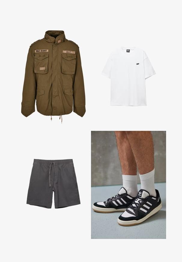 Olivno zelena M65 jakna s stoječim ovratnikom, dvema prsima žepoma, nastavljivim nastavkom na pasu in šivanimi našitki na ramenih.; Bela bombažna majica s kratkimi rokavi, okroglo ovratnikom in majhnim črnim logotipom na prsih. Gladka tekstura in sproščen kroj.; Sive kratke hlače iz bombaža z elastičnim pasom, nastavljivim vezanjem, stranskimi žepi in sproščenim krojem. Gladka tekstura in dolžina do kolen.; Črno-bele superge z zgornjim delom iz usnja in nubuka, ki imajo tri bele črte, perforiran vrh prstov in podplat iz gume.