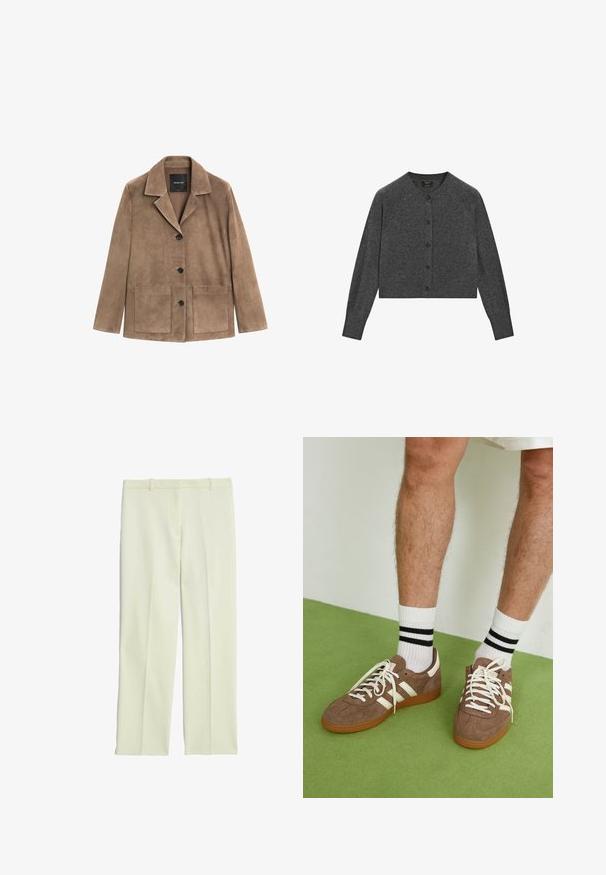 Hnědá semišová bunda s klopovým límcem, zapínáním na knoflíky vpředu, dvěma velkými náprsními kapsami a dlouhými rukávy. Hladká textura s ležérním designem.; Šedý zkrácený kardigan vyrobený z měkké látky, s kulatým výstřihem, dlouhými rukávy a hnědými knoflíky vpředu.; Bílý bezramínkový top s kulatým výstřihem, vyrobený z žebrovaného materiálu; jednoduchý design bez vzorů nebo ozdob.; Krémové rafinované kalhoty se střihovými nohavicemi, s plochým předním dílem, poutky na opasek a hladkým povrchem.; Hnědé semišové tenisky s bílými akcenty a tkaničkami. Gumová podrážka. Nošeny s bílými ponožkami s černými pruhy. Zelená strukturovaná podlaha.