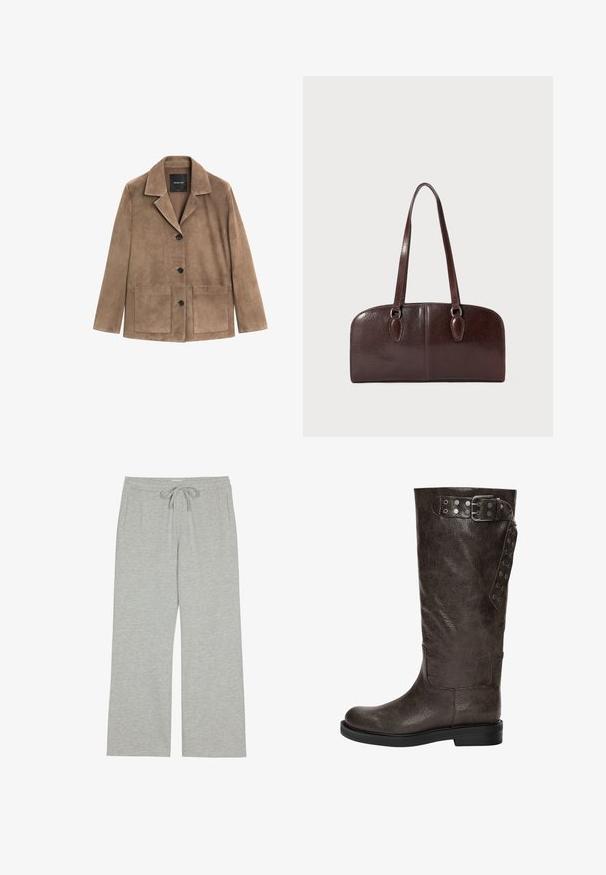 Braune Wildlederjacke mit Reverskragen, durchgehender Knopfleiste, zwei großen aufgesetzten Taschen und langen Ärmeln. Glatte Textur mit lässigem Design.; Cremfarbene Bluse mit V-Ausschnitt, langen Ballonärmel und geschichteten Rüschen am Saum, mit einer Bindung im Rückenmittelpunkt.; Hellgraue Jogginghose aus weichem, strukturiertem Stoff mit einem Kordelzugbund und Seitentaschen; weit geschnitten und lässig.; Braune Lederstiefel bis zum Knie mit strukturiertem Finish, ausgestattet mit einer Schnalle und Druckknopf-Akzenten an der Seite sowie einer flachen Gummisohle.; Braune Ledertasche mit zwei langen Tragegriffen, einer strukturierten rechteckigen Form, glatter Textur und abgerundeten Kanten. Besitzt Akzentdetails an den Griffen.