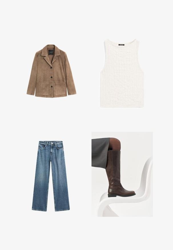 Brown suede jacket with a notched collar, front button closure, two large patch pockets, and long sleeves. Smooth texture with a casual design.; White sleeveless top made of textured fabric with a subtle pattern. Features a round neckline and a straight cut hem.; Light blue denim wide-leg jeans with a high waist, five-pocket design, and a button closure. The fabric has a slightly faded texture.; Brown leather knee-high boot with a rounded toe, smooth texture, and minimal stitching details, set against a light background on a white chair.