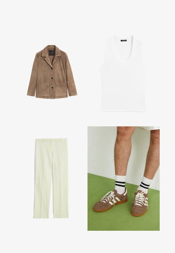 Brown suede jacket with a notched collar, front button closure, two large patch pockets, and long sleeves. Smooth texture with a casual design.; White sleeveless tank top with a round neckline, made of ribbed material; simple design with no patterns or embellishments.; Cream-colored tailored trousers with a straight-leg design, featuring a flat front, belt loops, and a smooth texture.; Brown suede sneakers with white accents and laces. Rubber gum sole. Worn with white socks featuring black stripes. Green textured flooring.