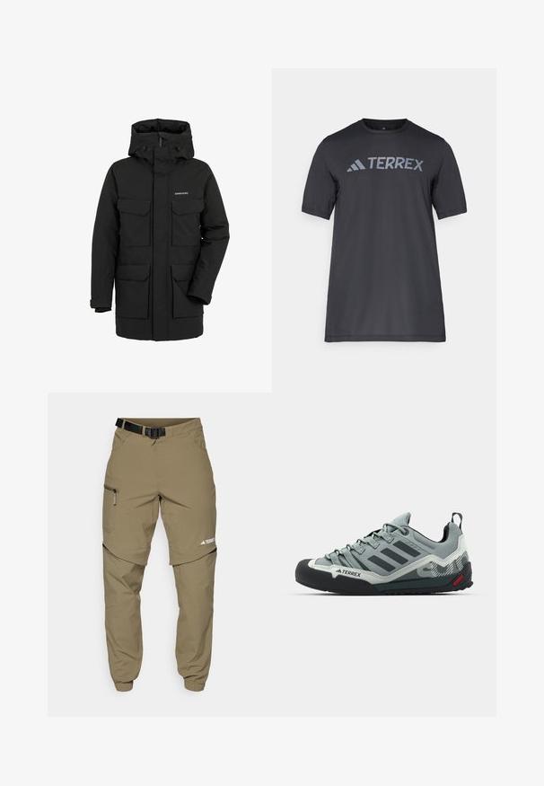 Svart isolerad parkas med hög krage och fast huva. Har fyra framfickor och en frontdragkedja. Tillverkad av vattentåligt material.; Svart kortärmad t-shirt gjord av lätt tyg, med en ljusgrå "TERREX"-logotyp över bröstet och rund halsringning.; Kaki utomhusbyxor med justerbart svart bälte, fickor med dragkedja, avsmalnande ärmslut och avtagbara nedre ben för mångsidig stil.; Grå klätterskor med entexturerad ovandel, svart gummikåpa på tån, tre mörka ränder och en liten röd accent på sulan.