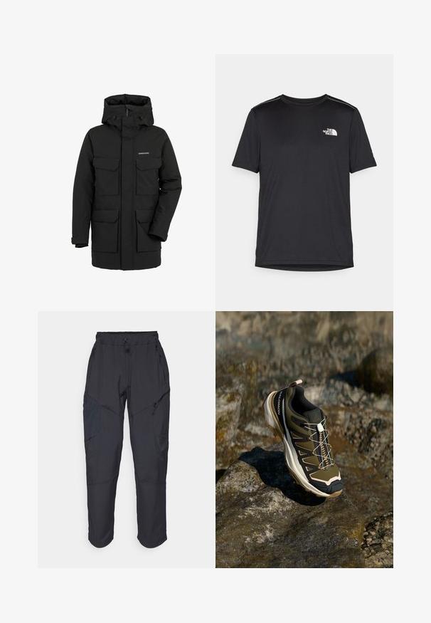 Čierna zateplená parka s vysokým golierom a pripevnenou kapucňou. Obsahuje štyri predné nášivkové vrecká a predný zips. Vyrobená z vodeodolného materiálu.; Čierne tričko s krátkym rukávom vyrobené z ľahkej tkaniny. Obsahuje malé biele logo na ľavej hrudi a jemné akcenty na pleciach.; Čierne cargo nohavice vyrobené z ľahkého, vodeodolného materiálu; obsahujú elastický pás, viaceré vrecká na zips a zúžené nohavice.; Turistická obuv v olivovo zelenej a čiernej farbe s ružovými akcentmi. Má textúrovaný zvršok, flexibilnú podrážku, vystuženú špičku a farebný systém šnurovania.