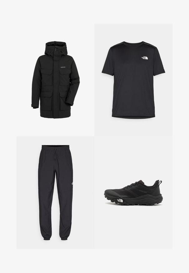 Black insulated parka with a high collar and attached hood. Features four front patch pockets and a front zipper. Made from water-resistant material.; Black short-sleeve T-shirt made from lightweight fabric. Features a small white logo on the left chest and subtle shoulder accents.; Black athletic pants made from lightweight fabric, featuring a drawstring waistband, side pockets, and tapered cuffs at the ankles.; Black trail running shoe with a textured upper, rubber sole, and reinforced toe cap. Features a padded collar and pull tab for easy wear.