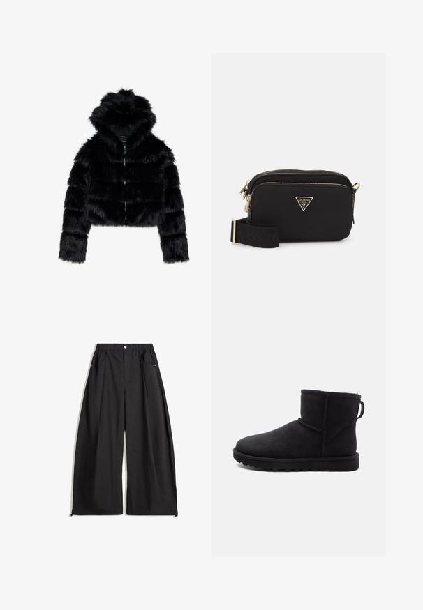 Sort faux fur cropped jakke med hætte. Har lynlåslukning, blød tekstur og horisontal quiltet design.; Grå cropped hoodie i blødt materiale med et frontgrafik med rød og sort tekst. Afsluttet med hætte og ribbede manchetter.; Sorte vide bukser med høj talje, der har plisseringer, en frontlukning med knap og to sidelommer. Fremstillet af stof med en struktureret overflade.; Sort ruskinds ankelstøvle med rund tå, et shearling-fôr og en flad gummisål. Har en sidesøm og en trækflap bagpå.; Sort nylon crossbody taske med et guld trekantet logo, lynlås-lukning, og en bred justerbar rem med ordet "GUESS" i sort.