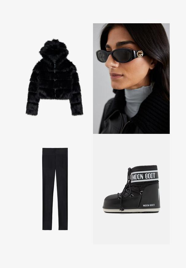 Czarna kurtka z sztucznego futra, krótka, z kapturem. Posiada zamek błyskawiczny, miękką fakturę oraz poziomy, pikowany wzór.; Czarny sweter z golfem wykonany z miękkiej dzianiny. Posiada długie rękawy oraz dopasowany krój z prostym wykończeniem.; Czarne legginsy wykonane z elastycznego materiału; charakteryzują się gładką teksturą, pełną długością i elastycznym pasem bez widocznych szwów.; Czarne buty Moon Boot z wyściełanym cholewką, zabezpieczone sznurówkami i charakterystycznym białym paskiem z logo. Gruba, teksturowana gumowa podeszwa.; Czarne okulary przeciwsłoneczne o eleganckim, prostokątnym kształcie z logo w kolorze złotym na boku. Ciemne soczewki i błyszczące wykończenie są wyraźnie widoczne.; Even&Odd - Torba na zakupy