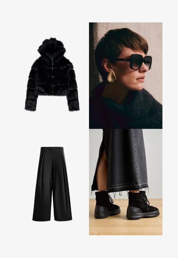 Sort faux fur cropped jakke med hætte. Har lynlåslukning, blød tekstur og horisontal quiltet design.; Sort kortærmet T-shirt med rund halsudskæring og perforeret mesh-detaljer på skuldrene. Glat stof, afslappet pasform, buet bund.; Sorte vide bukser lavet af glat stof, med en snoretræk i taljen og plisseret frontdetalje for ekstra tekstur og volumen.; Sorte ankelstøvler i ruskind med rund tå, snørelukning og en tyk, tekstureret gummisål. Uferdig denimnederdel synlig.; Sorte oversized solbriller med mørke linser og guld hardware, parret med en stor, skinnende guld dråbeørering. Mørk tekstureret tørklæde.