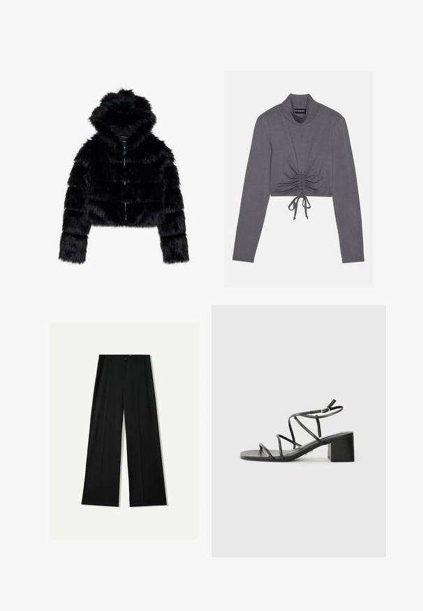 Black faux fur cropped jacket with a hood. Features a zip closure, soft texture, and horizontal quilted design.; Gray long-sleeve cropped top with a high neck. Features gather detailing with adjustable ties at the hem for a fitted appearance.; Bershka WIDE - Trousers - black; Black strappy sandals with a square toe and a chunky heel, made of smooth material. Features adjustable ankle straps and minimal hardware.