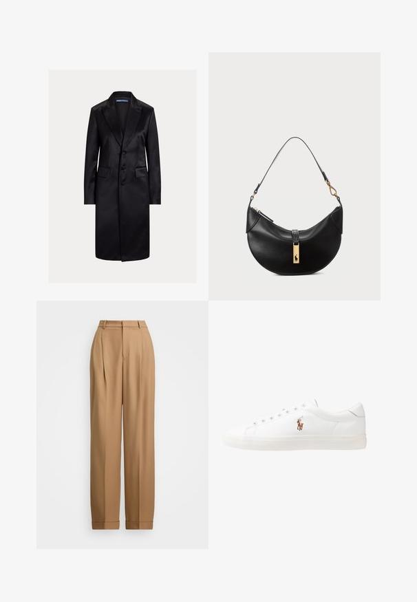 Casaco longo de cetim preto com gola de pala entalhada, design de abotoamento simples com três botões e bolsos laterais. Textura suave e corte ajustado.; Camisa botão azul claro com mangas longas e um colarinho branco em contraste. Apresenta uma textura suave e cinco botões frontais.; Calças beige ajustadas com cintura alta, frente plissada, pernas afinadas e bainhas dobradas. Tecido suave com uma textura refinada.; Sapatilhas de couro brancas, design de cano baixo, com textura suave, biqueira redonda, atacadores à frente e um pequeno logótipo bordado na lateral.; Bolsa de couro preto em forma de meia-lua. Apresenta um detalhe em metais dourados e uma alça estreita. Textura suave, fechamento em zíper na parte superior.