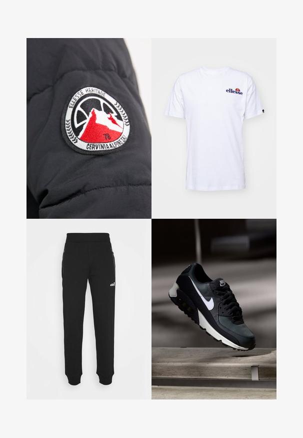 Czarna kurtka puchowa z rękawem, na którym znajduje się okrągła wyszywana naszywka. Naszywka ma wzór góry z czerwonymi akcentami, tekstem oraz dekoracyjną obwódką.; Biała bawełniana koszulka z krótkim rękawem, z granatowym haftowanym logo po lewej stronie klatki piersiowej oraz żywym akcentem kolorystycznym nad logo.; Czarne spodnie dresowe z miękkiego materiału charakteryzują się zwężanym krojem nogawek, elastycznym pasem, kieszeniami bocznymi z zamkami oraz małym akcentem z logo.; Czarno-zielony sneaker z wzorzystą siateczką górną, białym logo Swoosh, wyściełanym kołnierzem oraz widoczną jednostką poduszkową w podeszwie.