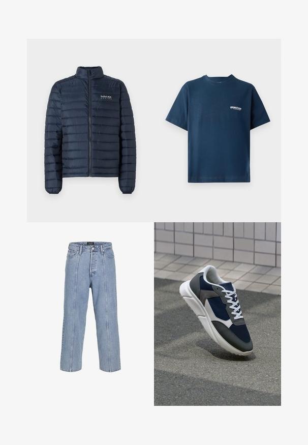 Marineblauer wattierter Parka mit Stehkragen, Front-Reißverschluss und Red Bull Racing-Logo auf der Brust. Verfügt über ein horizontales Steppmuster.; Navyblaue Baumwoll-T-Shirt mit kurzen Ärmeln und rundem Halsausschnitt. Mit einem kleinen weißen Logo im linken Brustbereich. Weiche Textur.; Hellblaue Denim-Jeans mit lockerer Passform, weitem Bein und sichtbaren Stickdetails. Mit Knopf- und Reißverschluss, fünf Taschen.; Sneaker mit einem Obermaterial aus navyblauem Mesh, grauen Wildlederelementen, einer weißen Gummisohle und flachen weißen Schnürsenkeln, entworfen für Komfort und Atmungsaktivität.