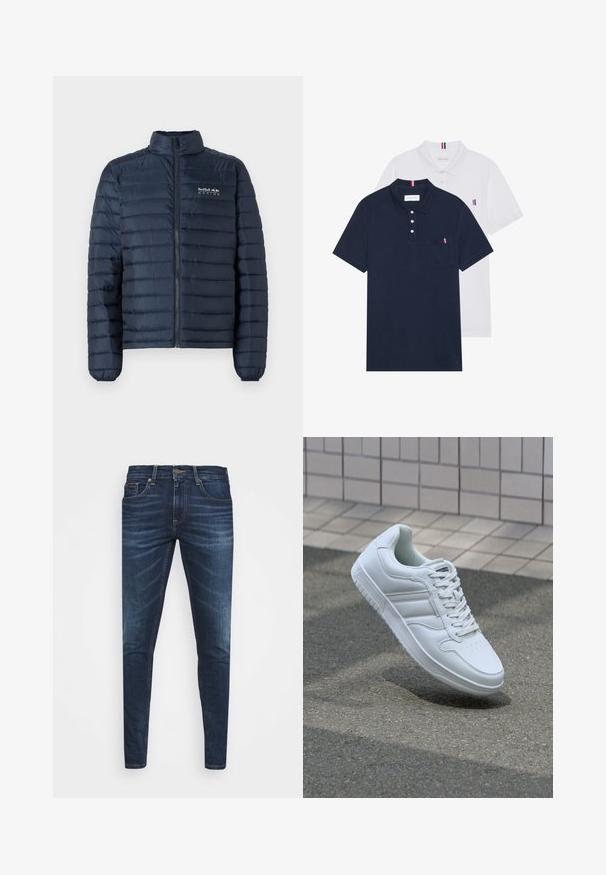 Jūras zilās krāsas mīkstais apģērbs ar paceltu apkakli, priekšējo rāvējslēdzēju un Red Bull Racing logo uz krūšu daļas. Iezīmējas ar horizontālu quilted dizainu.; Divas polo kreklu komplekts: viens tumši zils un viens balts, abi ar mazu sarkanu, baltu un zilu akcentu uz krūšu kabatas un apkakles.; Tumši zili džinsi ar šauru piegriezumu, ar vieglu izbalēšanu, piecām kabatām un metalizētu pogu aizdari. Šuvju akcenti kontrastējošā krāsā.; Balti sporta apavi ar gludu ādas virsu, sasienamais priekšpuse, perforēts purngals un rakstaina zole. Minimālisma dizains ar trim sānu svītrām.