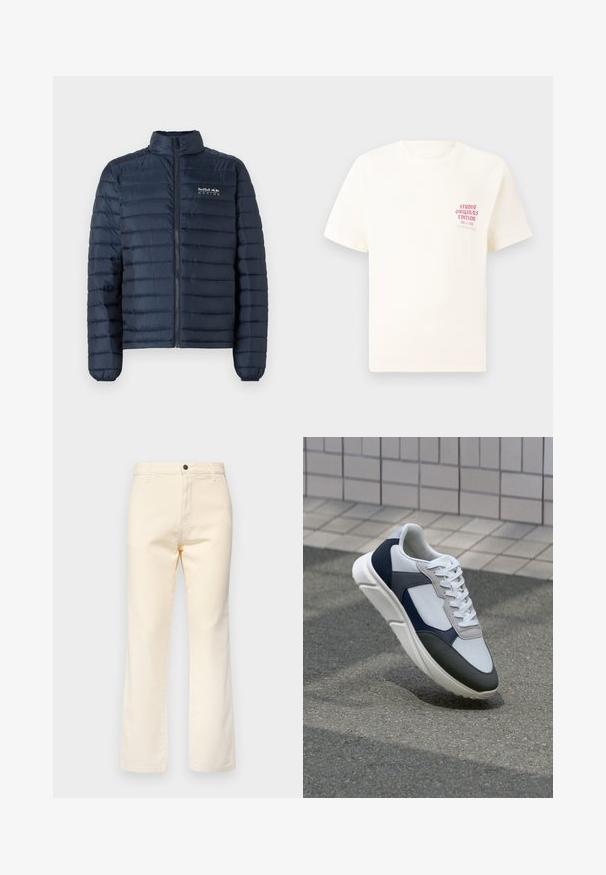 Casaco acolchoado azul-marinho com gola tipo stand, fecho frontal com zíper e logótipos da Red Bull Racing no peito. Apresenta um design acolchoado horizontal.; T-shirt branca de mangas curtas com o texto vermelho "Edição Originais do Estúdio" no lado esquerdo do peito, apresentada sobre um fundo cinza neutro.; Calças de ganga de algodão em creme, com um design de perna reta, apresentando um fecho frontal por botão e um estilo padrão de cinco bolsos.; Sapatilhas brancas, azuis-marinho e cinzas com um design de materiais mistos, apresentando uma parte superior texturizada, atacadores planos e uma sola acolchoada.