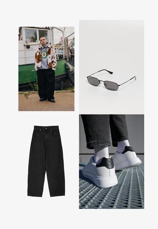 Młody mężczyzna w brązowo-białym futrze w plamy ma na sobie bluzę Oakland Athletics i stoi nad brzegiem wody obok zielonej łodzi.; Biała koszulka z krótkim rękawem wykonana z bawełny, z okrągłym dekoltem i luźnym krojem. Gładka faktura, bez widocznych wzorów lub akcentów.; Czarne dżinsowe spodnie o szerokich nogawkach z wysokim stanem, wyposażone w pięć kieszeni, zamek błyskawiczny i metalowy guzik. Gładka faktura, minimalne wykończenia.; Białe sneakersy z czarnym ozdobnym zapięciem, które mają uśmiechniętą buzię, wykonane z gładkiej skóry, z płaską gumową podeszwą i teksturowanymi detalami.; Czarne heksagonalne okulary przeciwsłoneczne z cienką metalową oprawką i ciemnymi soczewkami leżące na białej powierzchni.