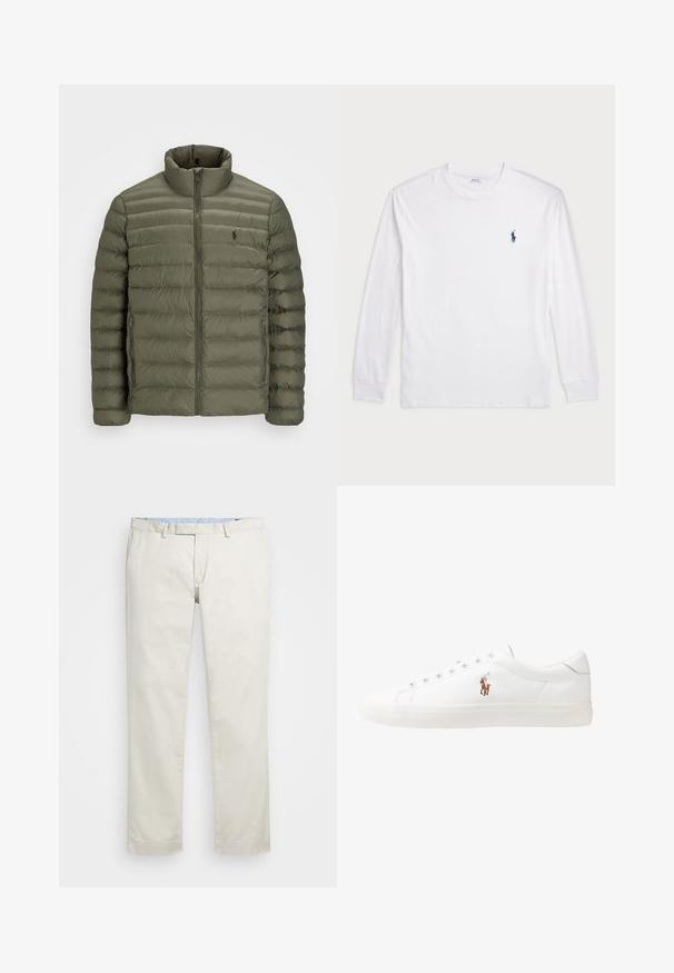 Casaco tipo puffer em verde-oliva, com linhas de matelassê horizontais, gola alta, fecho total com zíper e um pequeno logótipo no peito.; Camisola de manga longa branca feita de algodão. Apresenta um decote redondo, punhos canelados e um pequeno logótipo de polo azul-marinho no lado esquerdo do peito.; Chinos de algodão bege com frente plana, passantes para cinto e bolsos laterais. Design de perna reta com uma textura suave e uma sensação leve e respirável.; Sapatilhas de couro brancas, design de cano baixo, com textura suave, biqueira redonda, atacadores à frente e um pequeno logótipo bordado na lateral.