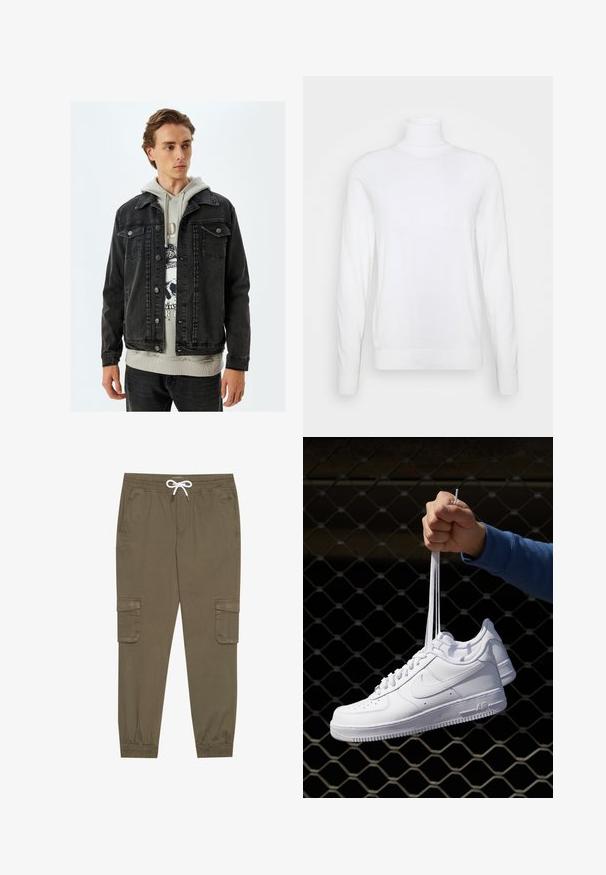 Giacca in denim nera con design classico, dotata di bottoni sul davanti, due tasche sul petto e una vestibilità rilassata. Indossata sopra un hoodie grigio.; Maglione bianco a collo alto con maniche lunghe, realizzato in tessuto liscio. Presenta un design aderente e polsini e orlo a coste. Senza motivi o dettagli.; Pantaloni cargo khaki con elastico in vita e cordino, dotati di tasche laterali e caviglie cuffiate. Realizzati in un materiale leggero e testurizzato.; Sneakers in pelle bianca con perforazioni, punta rotonda, suola piatta e lacci spessi, con logo swoosh visibile e "AIR" sul tallone.