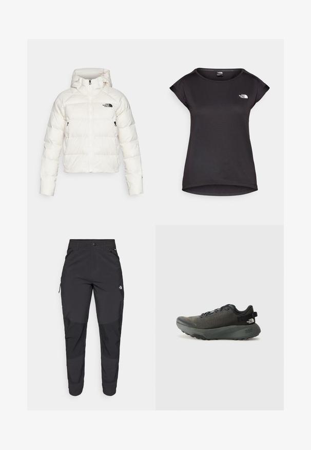 The North Face HYALITE DOWN HOODIE - Jachetă cu puf - white dune; The North Face TANKEN TANK  - Bluză sport - black; Pantaloni de exterior negri, dintr-un material rezistent. Prezintă buzunare cu fermoar, panouri întărite pentru genunchi și un design drept pentru mobilitate.; Pantofii sport de culoare gri închis au un superior din material texturat, șireturi plate, vârf întărit și o talpă groasă, robustă pentru aderență. Numărul 300 este embosat pe toc.