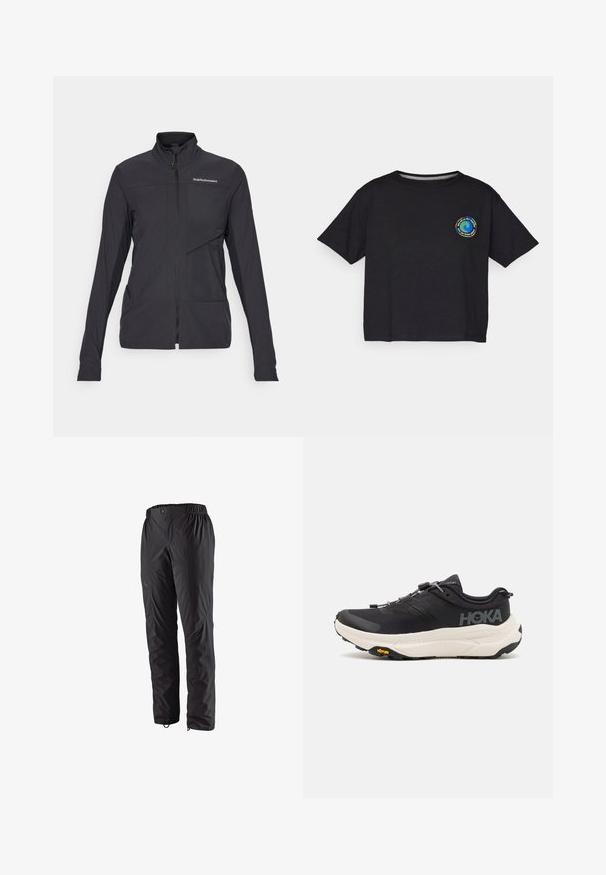 Črna zip-up jakna z dolgimi rokavi, visokim ovratnikom, strukturnim materialom in diagonalno sprednjo žep. Logo je postavljen na prsih.; Črna bombažna majica s kratkimi rokavi z okroglim večbarvnim logotipom na prsih. Ravno dno in sproščen kroj.; Črne vodoodporne hlače z elastiko v pasu, stranskimi žepi na zadrgo, zoženimi hlačnicami in gladko teksturo. Primerne za zunanje aktivnosti.; Črne športne copate z zračnim mrežastim zgornjim delom, gumijastim podplatom, belim blažilnim srednjim podplatom in odbojnimi vezalkami. Vibram logo na podplatu.