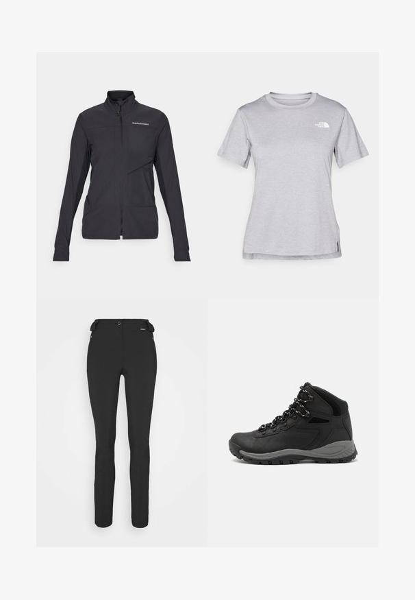 Zwarte ritsjack met lange mouwen, een hoge kraag, textuurstof en een diagonale voorzak. Logo op de borst geplaatst.; Grijze T-shirt met korte mouwen, gemaakt van zachte, vochtabsorberende stof. Heeft een ronde hals en een klein wit logo op de bovenste linkerzijde.; Zwarte, strakke broek gemaakt van een flexibel materiaal. Kenmerken zijn onder andere een ritszak aan de zijkant, gebogen knieën en een gladde textuur.; Zwarte wandelschoen met een mid-top ontwerp, voorzien van een gestructureerde bovenkant, grijze accenten en een duurzame rubberen zool met gripnoppen.