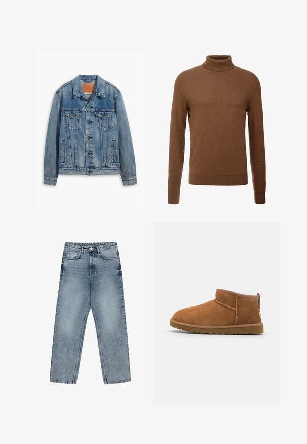 Gai zila denim jaka ar klasisku dizainu, pogu aizdari, divām krūšu kabatām un ādas zīmola uzlīmi pie apkakles.; Brūns turtlenecks džemperis, izgatavots no mīkstas auduma, ar garām piedurknēm, ribotiem aproču galiem un pieguļošu dizainu bez redzamām rakstām.; Gai zilu džinsu bikses ar taisnu kāju griezumu, redzamām šuvēm, piecu kabatu dizainu un pogu aizdari jostasvietā.; Bēša zamšas potītes zābaks ar noapaļotu purngalu, smalkiem diegu dekorējumiem un teksturētu gumijas zoli. Īsa augstuma bez auklām.