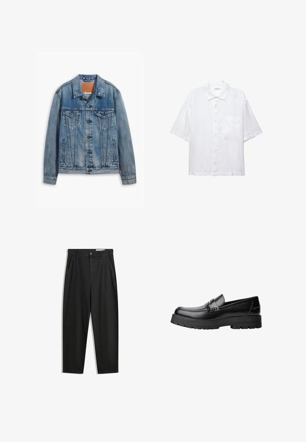 Svijetlo plava traper jakna klasičnog dizajna, s dugmadima, dva džepa na prsima i kožnom oznakom branda na ovratniku.; Bijela košulja kratkih rukava s kopčanjem sprijeda, ovratnikom i jednim džepom na prsima. Izrađena je od lagane tkanine s glatkom teksturom.; Crne pamučne hlače s opuštenim krojem, s klasičnim pojasom, prednjim nabranjima i bočnim džepovima. Glatka tekstura bez uzoraka.; Crna kožna mokasina s debelim potplatima i dekorativnom trakom preko gornjeg dijela, prikazana u lijevom bočnom profilu na bijeloj pozadini.