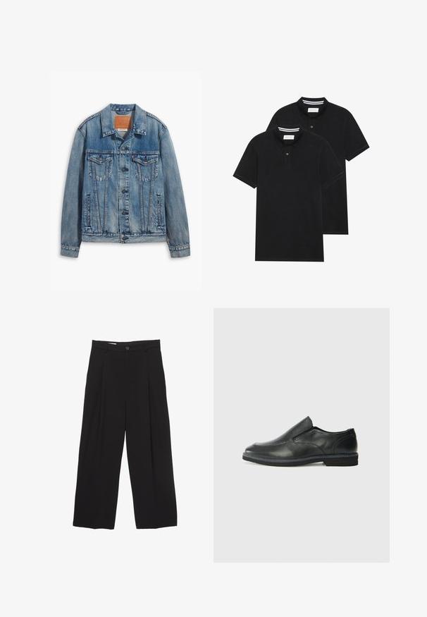 Svijetlo plava traper jakna klasičnog dizajna, s dugmadima, dva džepa na prsima i kožnom oznakom branda na ovratniku.; Dva crna polo majice, kratki rukavi, pamučni materijal, sa klasičnom ovratnikom, čepom sa dva gumba i bijelim prugastim detaljima unutar ovratnika.; Crne široke hlače od glatkog materijala, s ravnim pojasom, prednjim nabranim detaljima i zatvaranjem na jedan gumb.; Crne kožne cipele na sklapanje s glatkom gornjom površinom, prošivenim detaljima, zaobljenim vrhom i niskim gumene potplate. Potplat ima minimalne uzorke.