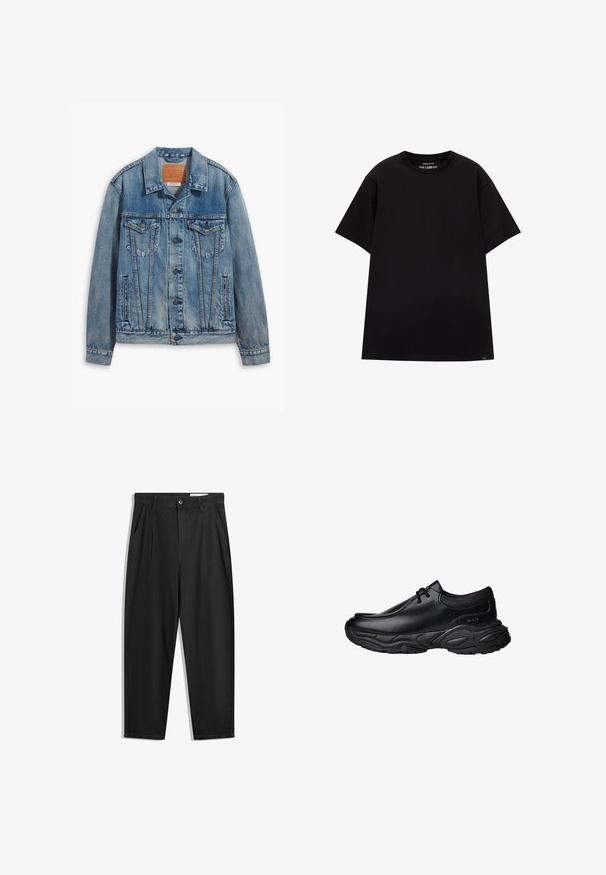 Svijetlo plava traper jakna klasičnog dizajna, s dugmadima, dva džepa na prsima i kožnom oznakom branda na ovratniku.; PULL&BEAR JOIN LIFE - Osnovna majica kratkih rukava - black; Crne pamučne hlače s opuštenim krojem, s klasičnim pojasom, prednjim nabranjima i bočnim džepovima. Glatka tekstura bez uzoraka.; Crne kožne cipele za klizanje s okruglim nosom i debelim teksturiranim gumennim đonom. Sadrže suptilnu obrubu i elastične akcenti na ovratniku.