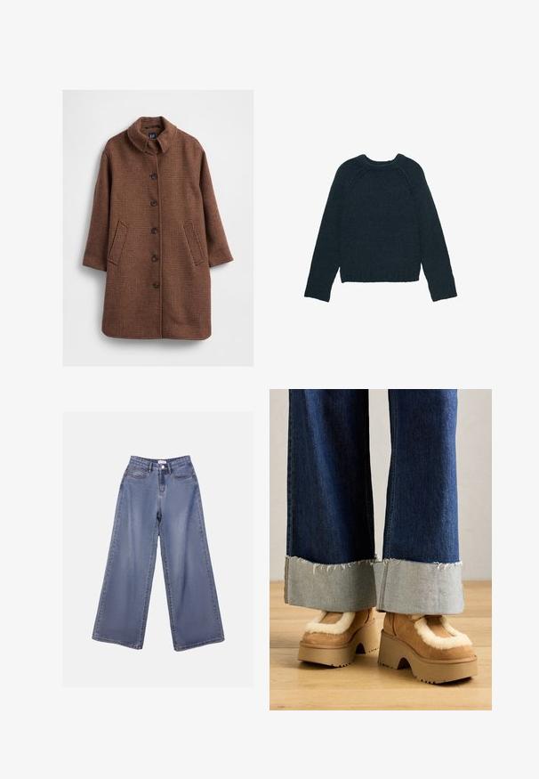 Palton maro cu model houndstooth, cu guler in picioare, mâneci lungi, închidere frontală cu nasturi și două buzunare laterale. Textură netedă și croială ajustată.; Pulover verde închis tricotat, cu guler rotund, mâneci lungi raglan și manșete și tiv cu dantelă. Suprafață texturată cu croială lejeră.; Jeans din denim cu picioare largi într-o nuanță de albastru deschis, având talie înaltă, buzunare frontale și închidere cu nasture și bucle pentru curea.; Botine din suede maro cu căptușeală de blană crem, asortate cu pantaloni din denim largi, cu margini desfăcute și o manșetă din denim mai deschis.