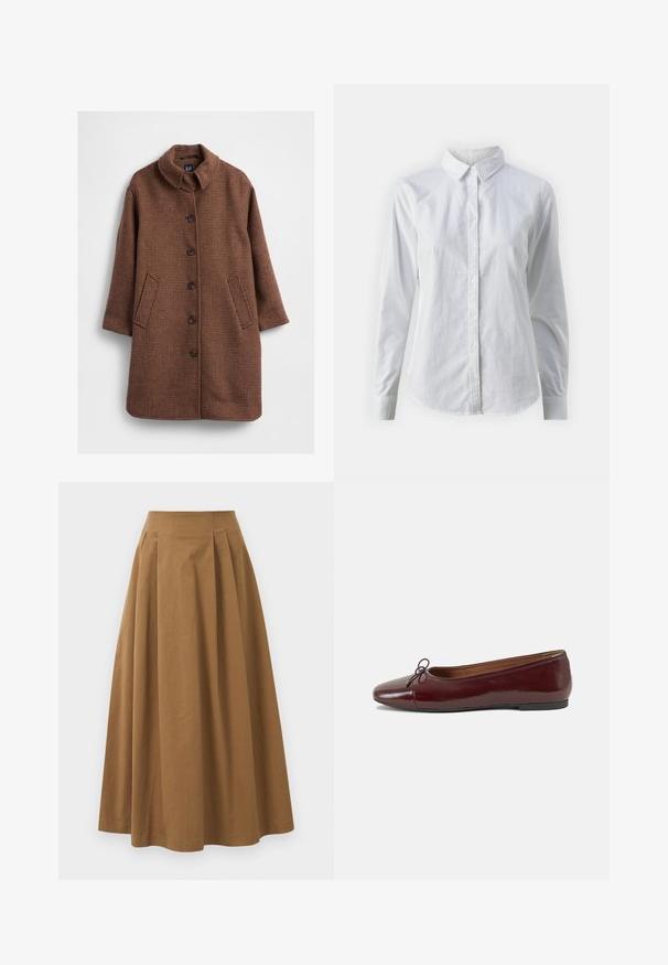 Casaco castanho com padrão pied-de-poule, gola alta, mangas compridas, fecho frontal com botões e dois bolsos laterais. Textura suave e corte ajustado.; Camisa branca de botão feita de algodão suave, com colarinho clássico, mangas longas e bainha curva. Os botões são pequenos e brancos.; Saia A-line de algodão castanho com cintura alta, apresentando pregas na parte da frente e uma textura suave. As bordas da bainha são limpas e simples.; Bailarinas em couro sintético borgonha com bico redondo, pequeno laço na frente e sola baixa em borracha preta. Textura suave.
