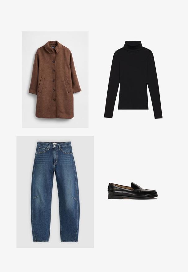 Rjavi plašč z vzorcem mišjega zobu z ovratnikom, dolgimi rokavi, zapenjanjem spredaj na gumbe in dvema stranskima žepoma. Gladek otip in krojen kroj.; Črna majica s puloverjem in dolgimi rokavi, izdelana iz rebraste tkanine, ima prilegan kroj s visokim ovratnikom in brez vzorcev ali okrasnih elementov.; Temno modri traper hlače s ravno obliko, ki vključujejo sprednje žepe, kontrastne šive in subtilno zbledelo teksturo na nogah.; Črne usnjene loafers cipele z zaobljenim nosom, enostavno obuvanje in subtilne šive ob zgornjem delu. Ravna gumijasta podplata.