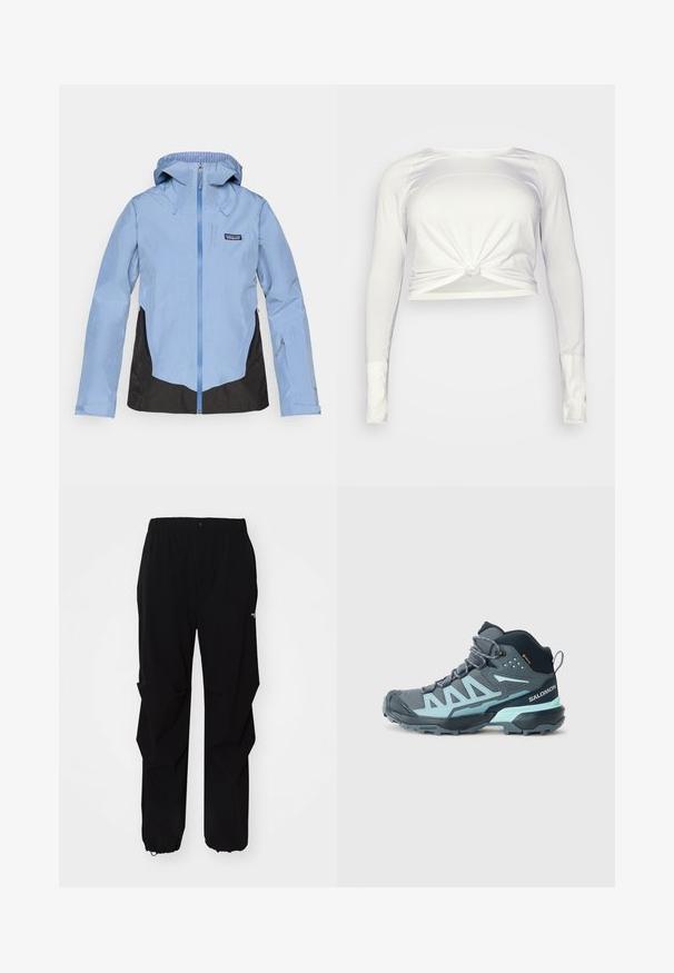 Hellblaue wasserdichte Jacke mit Kapuze, schwarzen Seitenpaneelen, Frontreißverschluss und verstellbaren Bündchen; mit Logo auf der Brust.; lululemon SWIFTLY TECH LONG SLEEVE - Langarmshirt - white/white; Schwarze Outdoor-Hosen aus langlebigem Material, mit lockerer Passform, elastischem Bund und verstellbaren Bündchen für variable Längen.; Mittelhohe Wanderschuhe in Dunkelgrau mit hellblauen Akzenten. Verfügt über ein strukturiertes Obermaterial, eine verstärkte Zehenkappe und eine robuste Außensohle für besseren Halt.