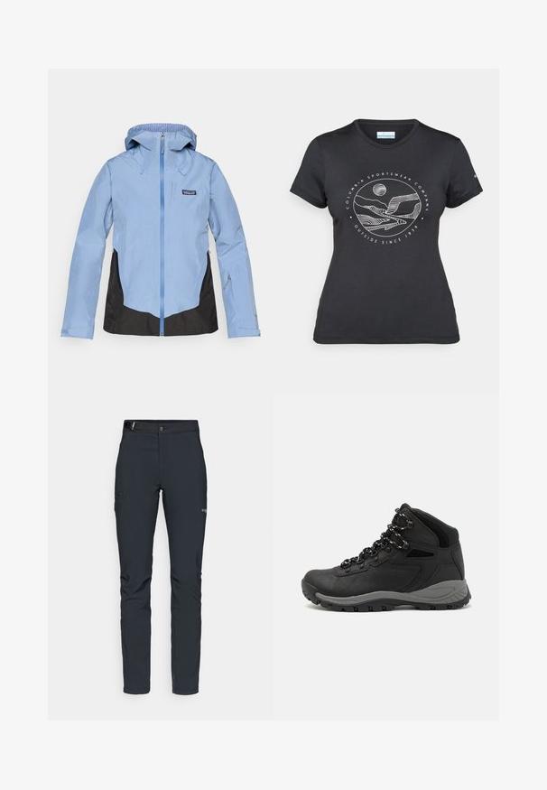 Jasnoniebieska wodoodporna kurtka z kapturem, czarnymi bocznymi panelami, przednim zamkiem błyskawicznym i regulowanymi mankietami; na piersi znajduje się logo.; Czarny t-shirt Columbia z białą okrągłą grafiką gór i rzeki oraz napisem "Columbia Sportswear Company Outside Since 1938."; Męskie spodnie outdoorowe, ciemnoszare, wykonane z elastycznego materiału, z paskiem, kieszeniami na zamek oraz wzmocnionymi szwami.; Czarne buty trekkingowe z średnim cholewem, z teksturowaną cholewą, szarymi akcentami oraz trwałą gumową podeszwą z wypustkami zapewniającymi przyczepność.