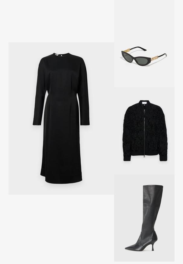 Crna bomber jakna s kompleksnim cvjetnim čipkastim dizajnom, rebrastim manžetama i rubom te srebrnim zatvaračem. Prozirni dijelovi otkrivaju donji materijal.; Crna haljina dugih rukava s okruglim izrezom, izrađena od glatkog materijala, s ravnim krojem i suptilnim detaljima šavova.; Čizme od crne kože visine do koljena s šiljastim nosom i uskim stiletto potpeticama. Glatka tekstura s tijesnim dizajnom i šavovima na gornjoj ivici.; Crne mačkaste naočale s tamnim lećama, koje imaju zlatne geometrijske naglaske na tempu i elegantnu mat završnicu.
