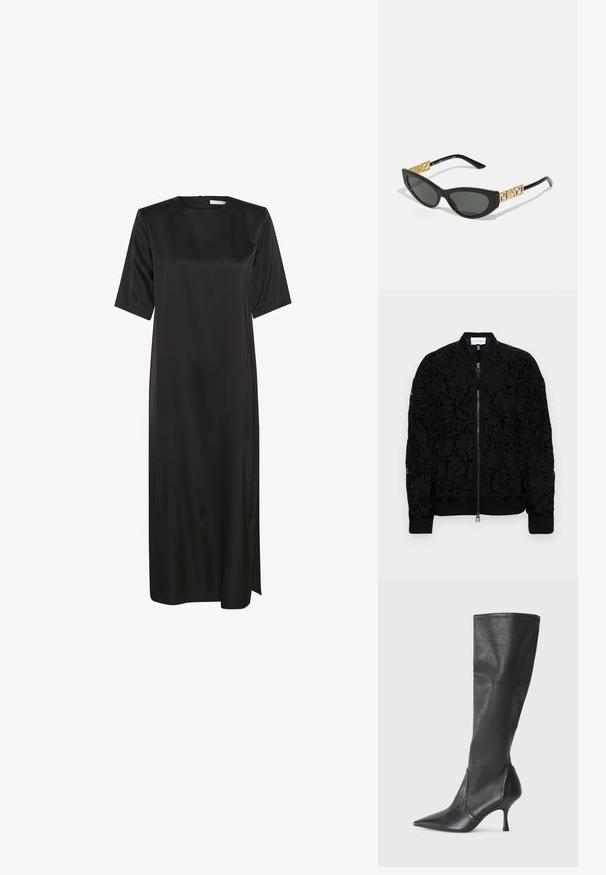 Black bomber jacket featuring intricate floral lace design, ribbed cuffs and hem, and silver zip closure. Transparent sections reveal underlying fabric.; Black midi dress made from smooth, glossy fabric, featuring short sleeves and a straight cut with a side slit for ease of movement.; Knee-high black leather boots with a pointed toe and a slim stiletto heel. Smooth texture with a fitted design and stitching at the top edge.; Black cat-eye sunglasses with dark lenses, featuring gold geometric accents on the temples and a sleek matte finish.
