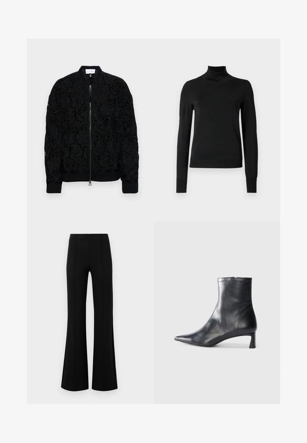 Fekete bomber dzseki, bonyolult virágos csipke mintával, bordázott mandzsettákkal és alján, valamint ezüst színű cipzárral. Átlátszó részek fedik fel az alatta lévő anyagot.; Fekete, hosszú ujjú garbós pulóver bordás mandzsettákkal és aljjal, sima fehér háttér előtt bemutatva.; Fekete, flared nadrág magas derékkal, rugalmas anyagból készült. Elölnézetén függőleges varrásokkal rendelkezik, sima textúrával.; Fekete bőr bokacsizma hegyes orral és letisztult dizájnnal. Alacsony sarka és hátsó cipzáras záródása van. Simának tűnő textúra.