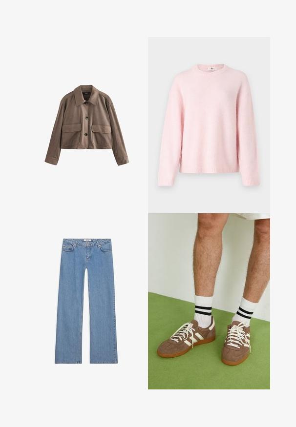 Ruskea nahkainen lyhyt takki, jossa on kauluspaita, etupainike suljenta, kaksi suurta läppätaskua ja pitkähihaiset leveät hihansuut.; Gina Tricot CREW NECK - Neule - primrose pink; Valkoinen lyhythihainen T-paita, joka on tehty puuvillasta. Siinä on pyöreä kaula-aukko ja rento malli. Silkkinen pinta ilman näkyviä kuvioita tai koristeita.; Vaaleansiniset väljät farkut, jotka on valmistettu denimistä. Niissä on viisi taskua, nappisulku sekä ommeltu yksityiskohtia saumoissa ja helmassa.; Ruske nahkate sneakerit valkoisilla korostuksilla ja nauhoilla. Kumi-gumipohja. Yhdistetty valkoisiin sukkiin, joissa on mustia raitoja. Vihreä teksturoitu lattia.