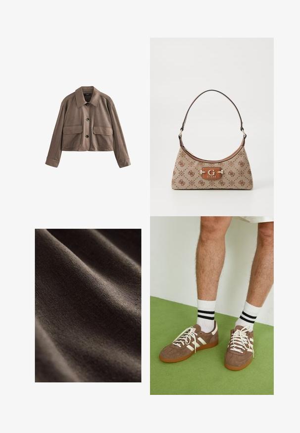 Bruine leren cropped jas met een shirtkraag, sluiting met knopen aan de voorkant, twee grote klepzakken en lange mouwen met brede manchetten.; Effen wit T-shirt van katoen met een ronde hals, korte mouwen en een relaxte pasvorm. Glad textuur zonder patronen of accenten.; Donkerbruine stof met een gladde, gestructureerde oppervlakte, gekenmerkt door subtiele rimpels en een zachte, matte uitstraling. Ideaal voor verschillende textieltoepassingen.; Bruine suède sneakers met witte accenten en veters. Rubberen gumzool. Draag met witte sokken met zwarte strepen. Groene gestructureerde vloer.; Tote bag van beige stof met bruine patroonaccenten. Beschikt over een gebogen vorm, enkele strap en een logo plaatje aan de voorkant met zilverkleurige hardware.